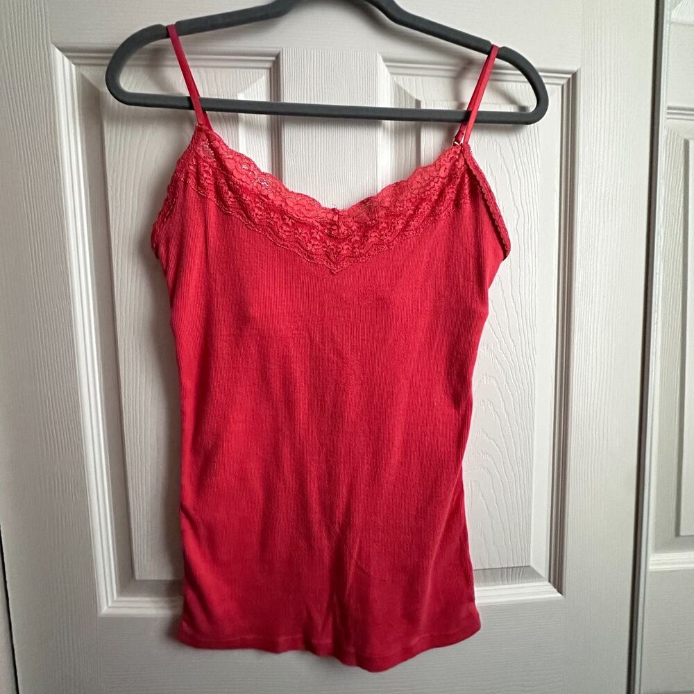 Orange Aeropostale Lace Trim Ribbed Spaghetti Strap Tank Built In Shelf Bra LG